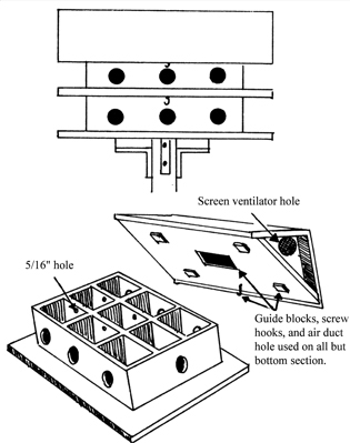 Figure 6. Add-a-story martin house. Additional sections can be added as the colony grows. Bottomless center compartments form an air duct to ventilate the “attic.” 