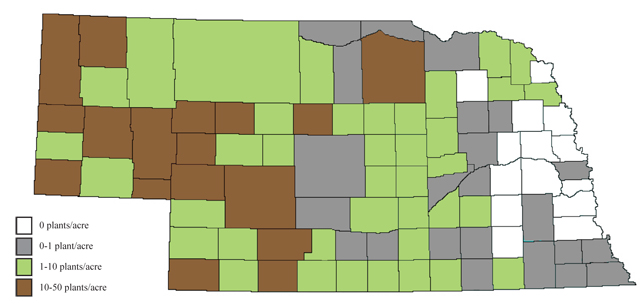 Figure 6. Extent of infestation in rangeland or pasture areas with yucca, based on a survey of Nebraska county weed superintendents and University of Nebraska–Lincoln extension educators.