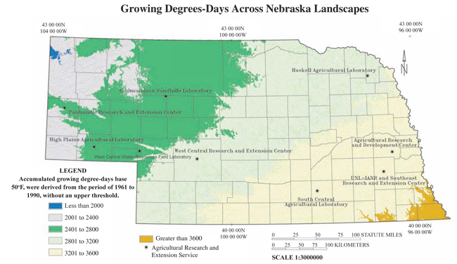 Figure 2. Accumulated growing degree­days, base 50, in Nebraska, representing the total heat units available for plant growth through the year. 