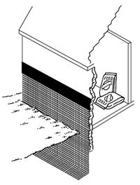 Figure 7. Install hardware cloth, topped by a band of sheet metal, to protect feed sheds, corncribs, and other existing wooden structures. Galvanized hardware cloth can also serve as a curtain wall to prevent rodents from burrowing beneath slabs. 