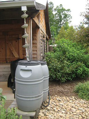 Figure 1. Rain barrel using a rain chain in place of a downspout. 