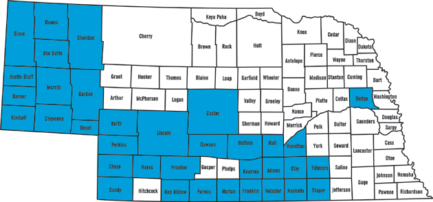 Figure 2. Cooperating counties (shaded blue) receive premium levels of assistance with wildlife damage problems from USDA-APHIS-Wildlife Services.