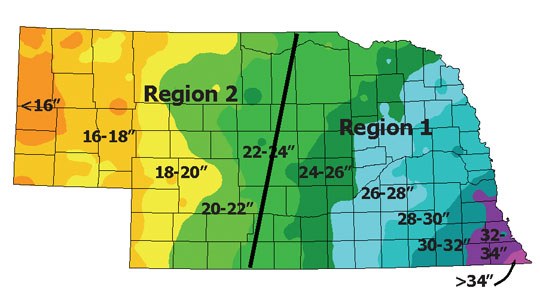 Figure 1.	Long term average annual rainfall amounts and the climatic regions for irrigation system capacity determination
