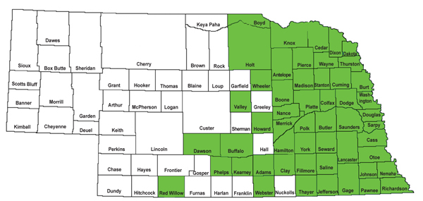 Figure 1. Nebraska map showing counties with confirmed SCN present as of February, 2011.
