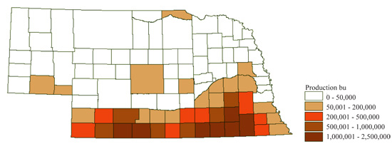 Figure 2. Average bushels of grain sorghum production in Nebraska by county based on NASS data for 2004 to 2007.
