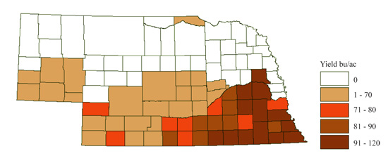 Figure 4. Average grain sorghum yields (bu/ac) in Nebraska by county based on NASS data for 2004 to 2007. 