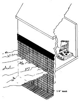 Figure 2. Feed sheds, corn cribs, and other existing wood structures can be rodent-proofed by installing hardware cloth topped by a band of sheet metal. 