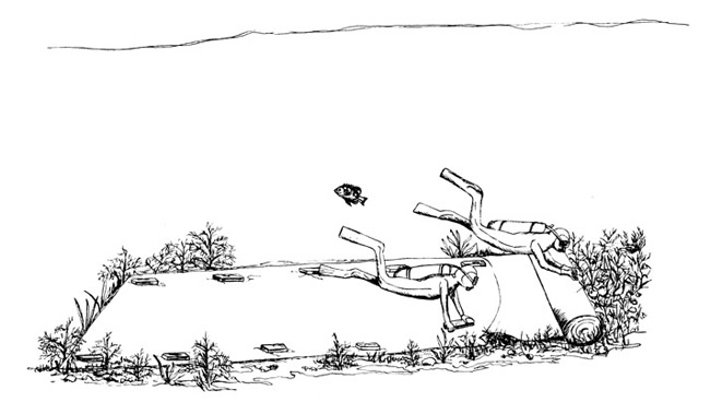 Figure 2. Scuba divers rolling out and anchoring with bricks the material, creating a plant free substrate. 
