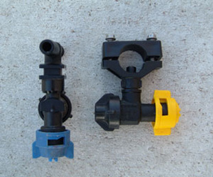 Figure 3. Nozzle assemblies for dry (left) and wet (right) booms.