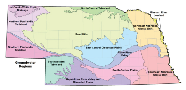 Figure 3. Thirteen groundwater regions in Nebraska (UNL Conservation and Survey Division).