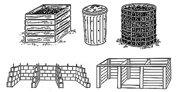Figure 2. Holding units, such as those in the top row, work well for passive composting.
