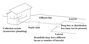 Figure 1. Typical components of a septic tank system for residential wastewater treatment. 