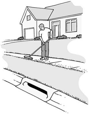 Figure 5. Use a broom or leaf-blower to move excess granules that may get onto the driveway or sidewalk back into the grass or other targeted site. This prevents stormwater runoff from carrying the granules into storm drains or other water sources.