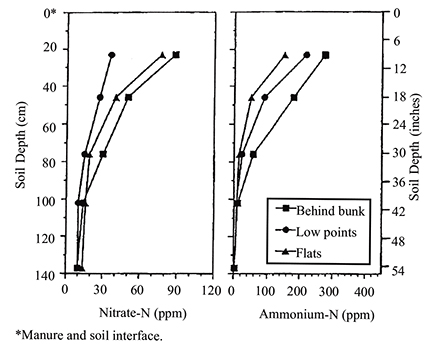 Figure 2. Nitrogen concentration at manure-soil interface and underlying soil beneath four active Nebraska feedlots.