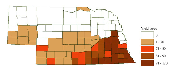 Figure 4. Average grain sorghum yields (bu/ac) in Nebraska by county based on NASS data for 2004 to 2007.