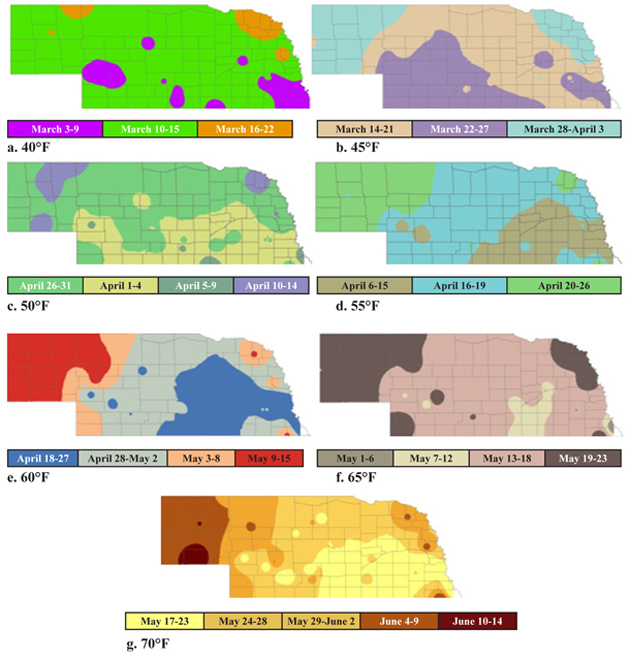 Figure 1. Dates on which average soil temperature reaches temperatures specified with each map.