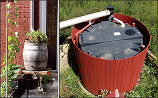 Figure 3. Rain barrel constructed from a repurposed whiskey barrel (left) and a 3,000 gallon cistern (right).