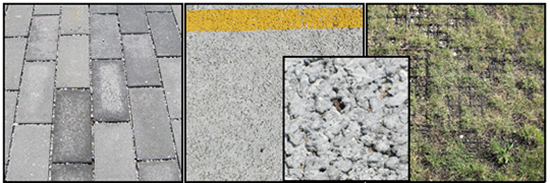 Figure 7. Permeable pavers (left); porous concrete and close-up (center); grass paving grid (right).