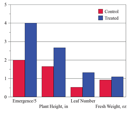 Figure 4. Growth parameters, three weeks after planting seed 3 inches deep with and without 1,000 ppm gibberellic acid